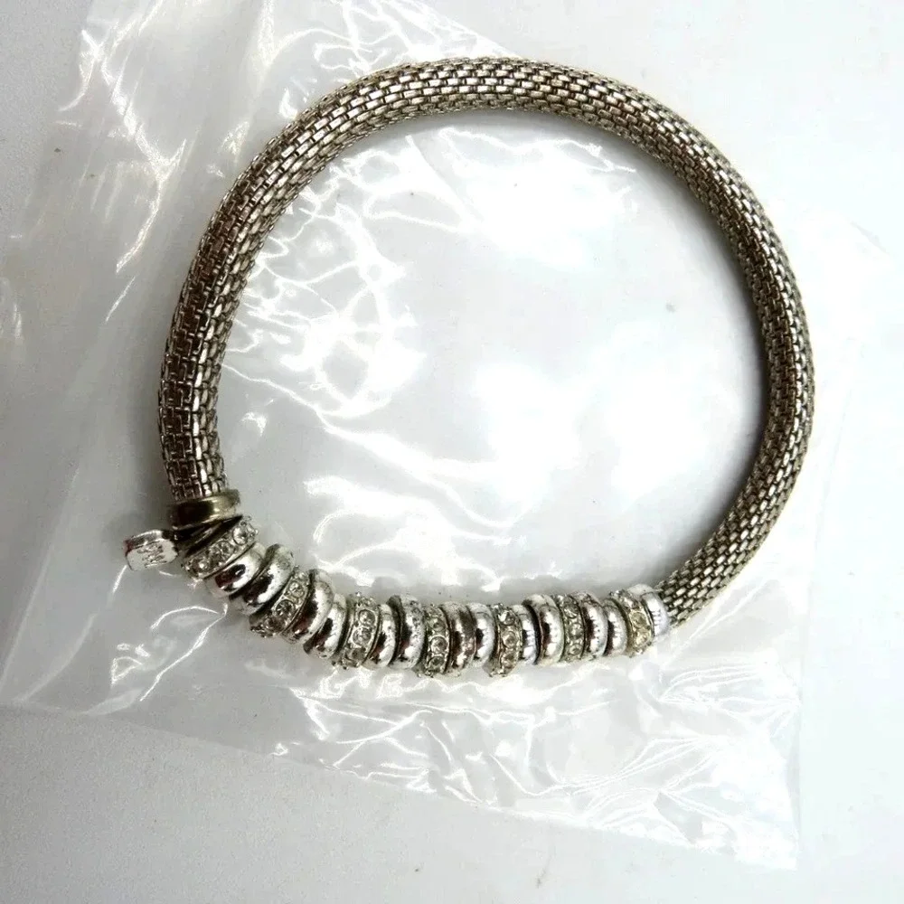 Silver Tone Mesh Chain‎ Bracelet Crystal Rhinestone Beads Charm Womens Fashion